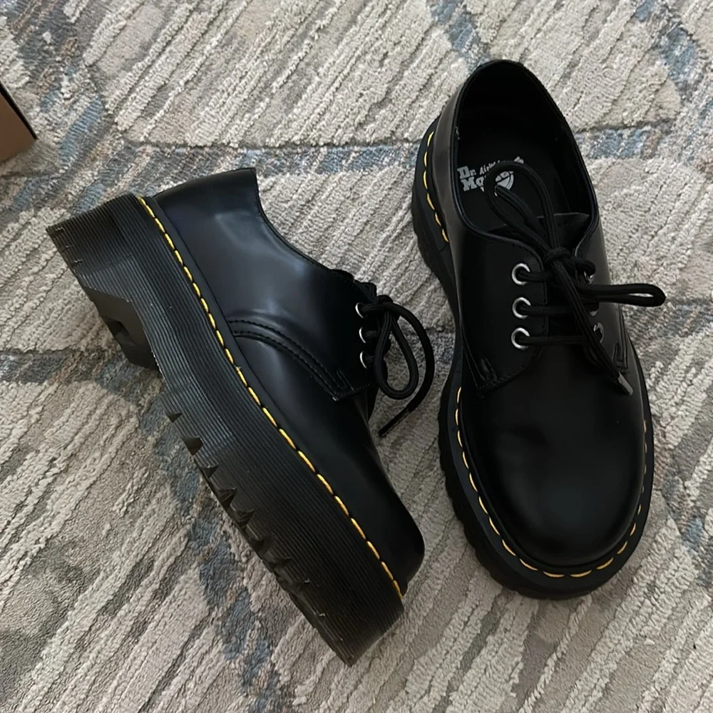Dr. Martens • 1461 quad black polished smooth leather platform shoes